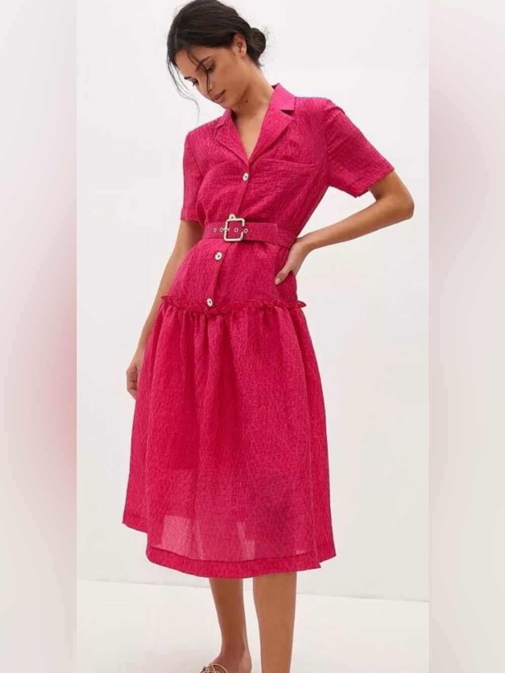 Exquise Fuchsia / Pink Button-Front Midi Shirt Dress with Belt